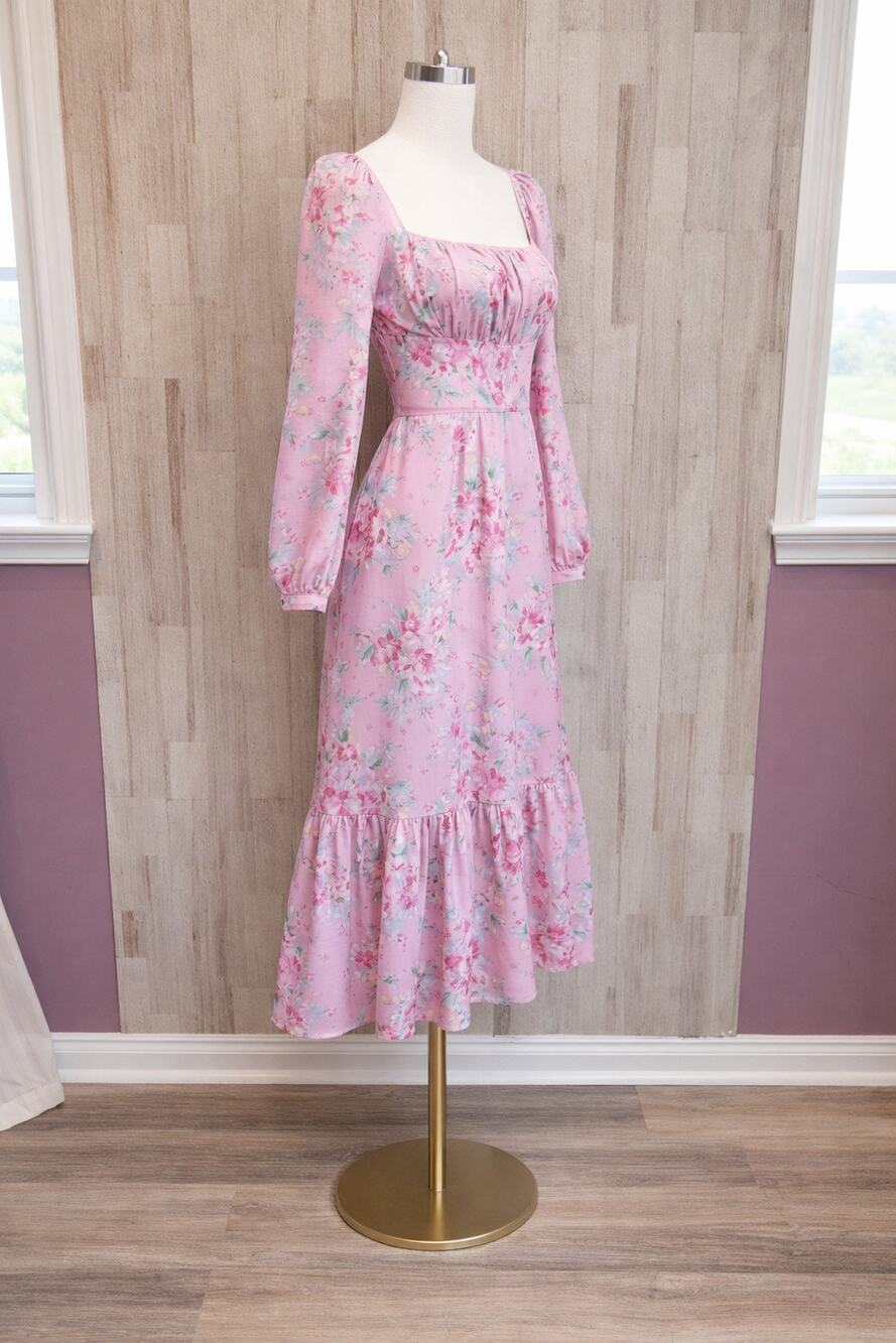 Wayf Pink Barbie Floral Square Neck Milkmaid REN Faire Dress Peplum Romantic Med